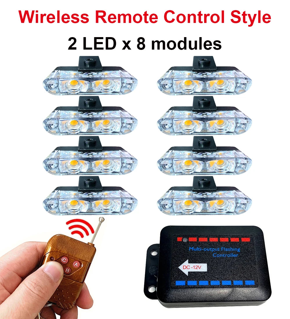 Eight modules of 2 LED strobe lights and a multi-output flashing controller with a remote control.