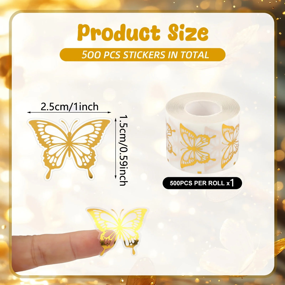 Roll of 500 golden butterfly decorative stickers with size specifications