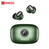 A green wireless earphone case and earbuds shown in various angles.