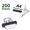 A stack of 200 sheets of A4 thermal folding printing paper with a black printer shown next to it.