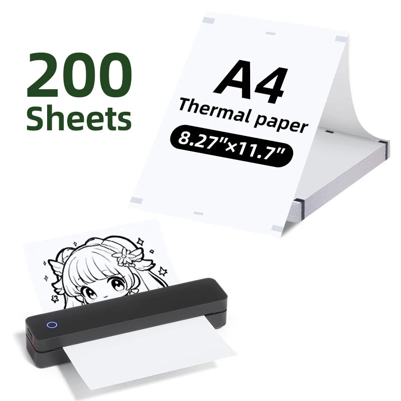 A stack of 200 sheets of A4 thermal folding printing paper with a black printer shown next to it.
