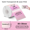 Rollo de etiquetas térmicas autoadhesivas de papel láser rosa transparente, medidas 40x30mm, con diseño de agradecimiento