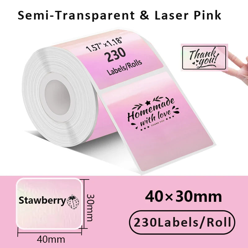 Rollo de etiquetas térmicas autoadhesivas de papel láser rosa transparente, medidas 40x30mm, con diseño de agradecimiento