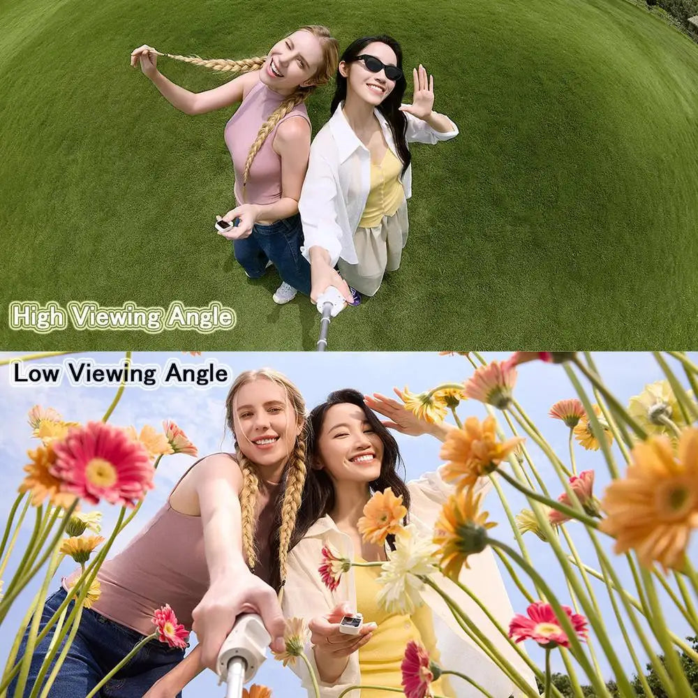 Two women posing outdoors using a 3-axis smartphone gimbal stabilizer and selfie stick for different viewing angles.