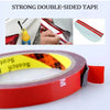 Roll of red double-sided tape with yellow and black markings shown next to examples of its use.