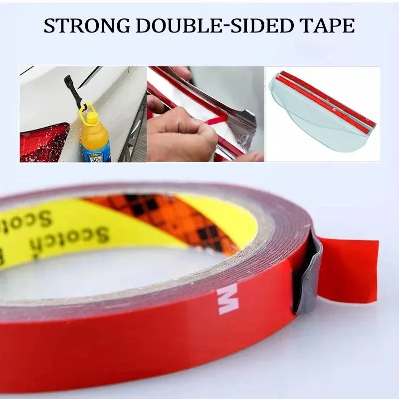 Roll of red double-sided tape with yellow and black markings shown next to examples of its use.