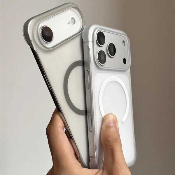 A hand holds a slim magnetic phone case for an iPhone, showing the back and camera module.