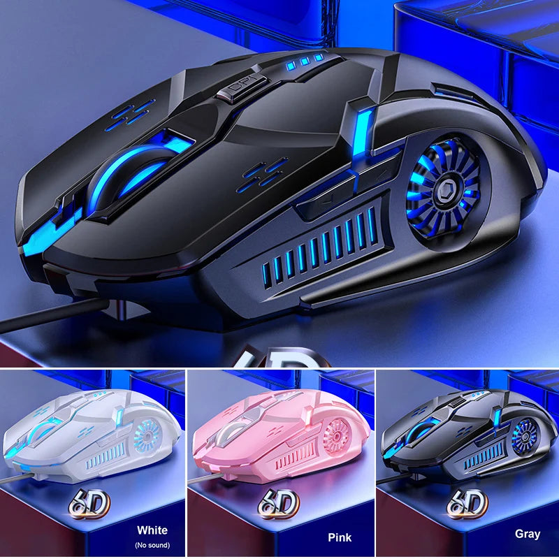 A black wired gaming mouse with blue RGB lighting and 6 programmable buttons shown in various colors.