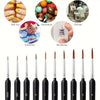 A set of professional miniature paint brushes with ergonomic handles shown alongside various craft materials.