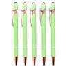 A set of five bright lime green retractable stylus and ballpoint pens with rose gold accents.