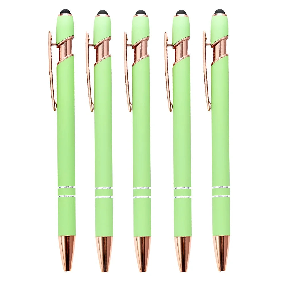 A set of five bright lime green retractable stylus and ballpoint pens with rose gold accents.