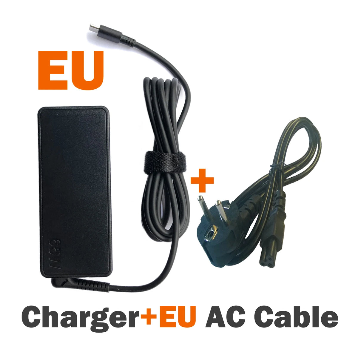 Black charger and EU AC cable for a universal 65W USB-C adapter.