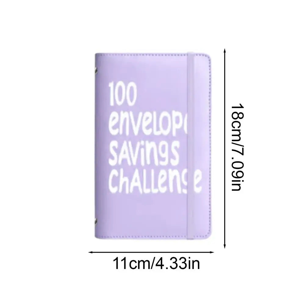 A purple budget binder titled 100 Envelope Savings Challenge.