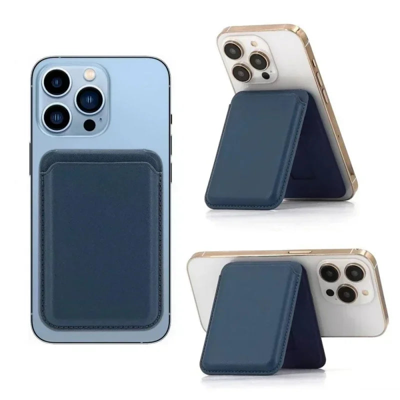 A light blue magnetic leather wallet with a stand case shown alongside its phone cover.