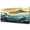 A watercolor painting depicting a large ocean wave crashing near a dark mountain under a sunset sky.