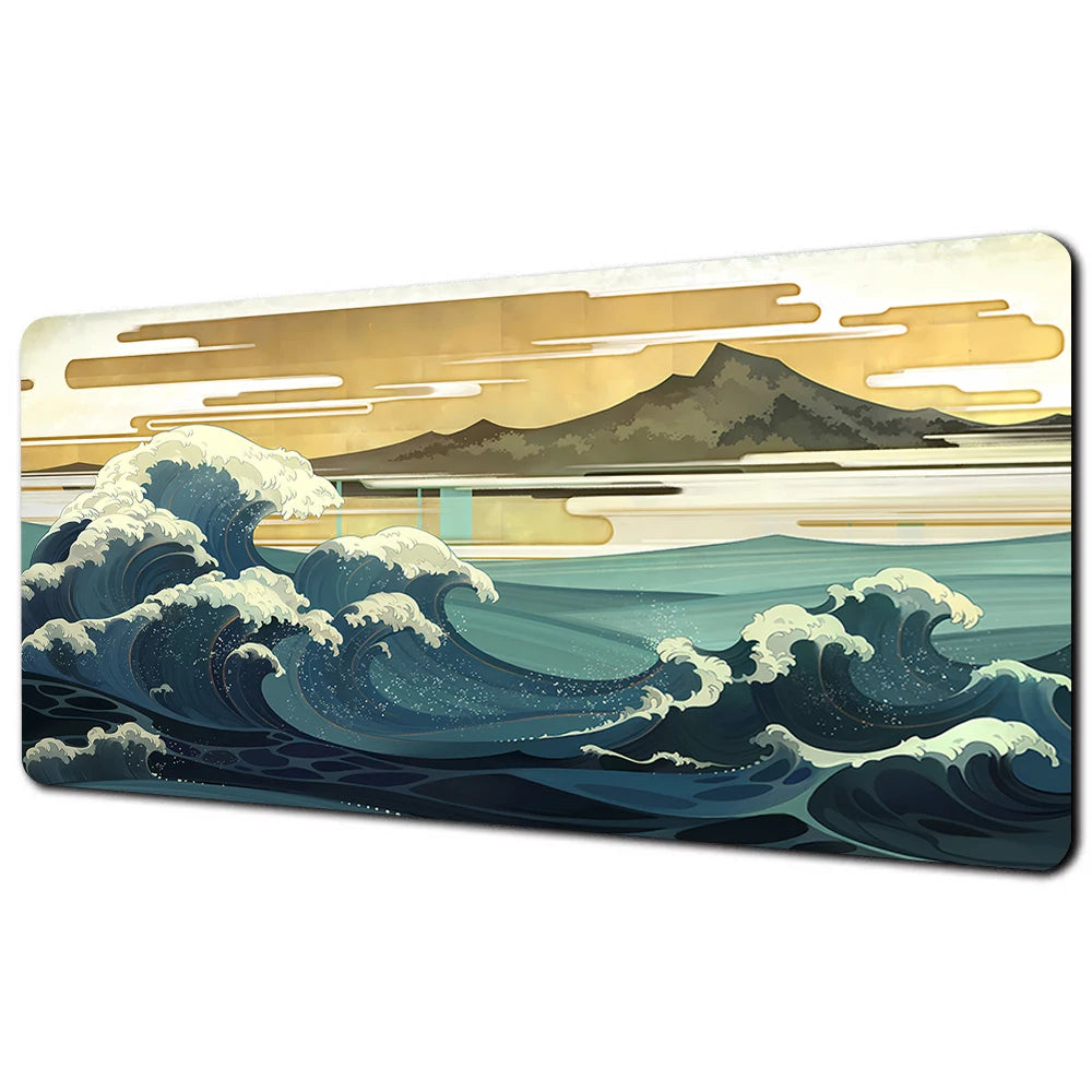 A watercolor painting depicting a large ocean wave crashing near a dark mountain under a sunset sky.
