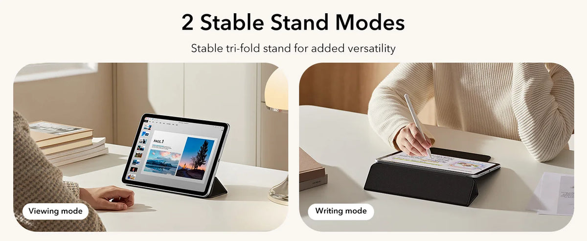 A person is using a magnetic folio case on an iPad in writing mode on a white desk.