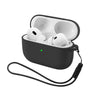 A black silicone earphone case with a strap is open, showing two white earbuds inside.