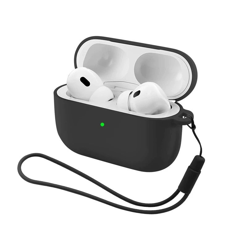 A black silicone earphone case with a strap is open, showing two white earbuds inside.