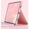 A pink Rainbow Backlit Keyboard Case for an Honor Pad 10 Pro displaying a digital clock and crescent moon.