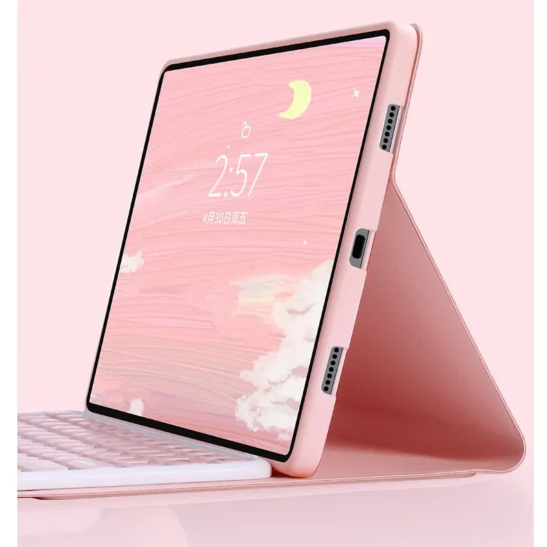A pink Rainbow Backlit Keyboard Case for an Honor Pad 10 Pro displaying a digital clock and crescent moon.