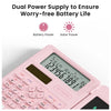 Pink scientific calculator with a display showing numbers and buttons for battery and solar power features