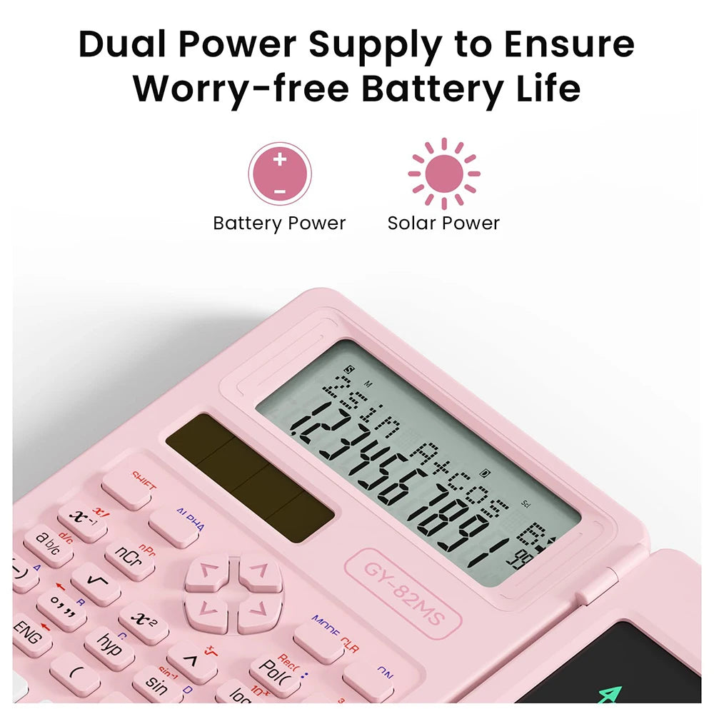 Pink scientific calculator with a display showing numbers and buttons for battery and solar power features