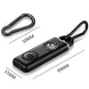 A black personal safety alarm with an LED light and a loop for carrying.