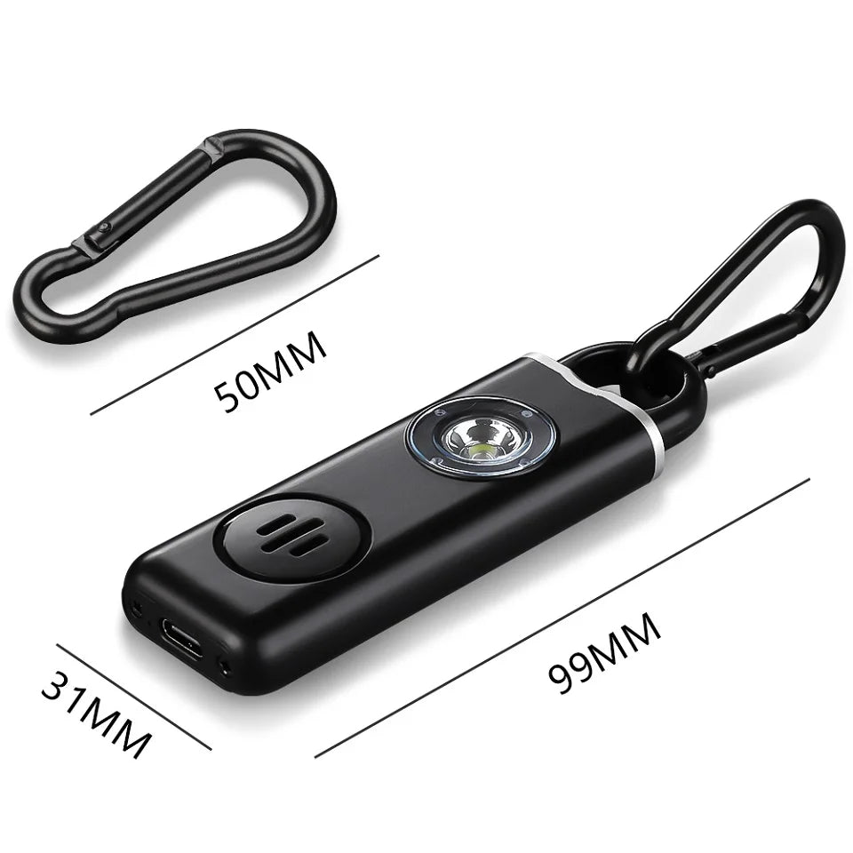 A black personal safety alarm with an LED light and a loop for carrying.