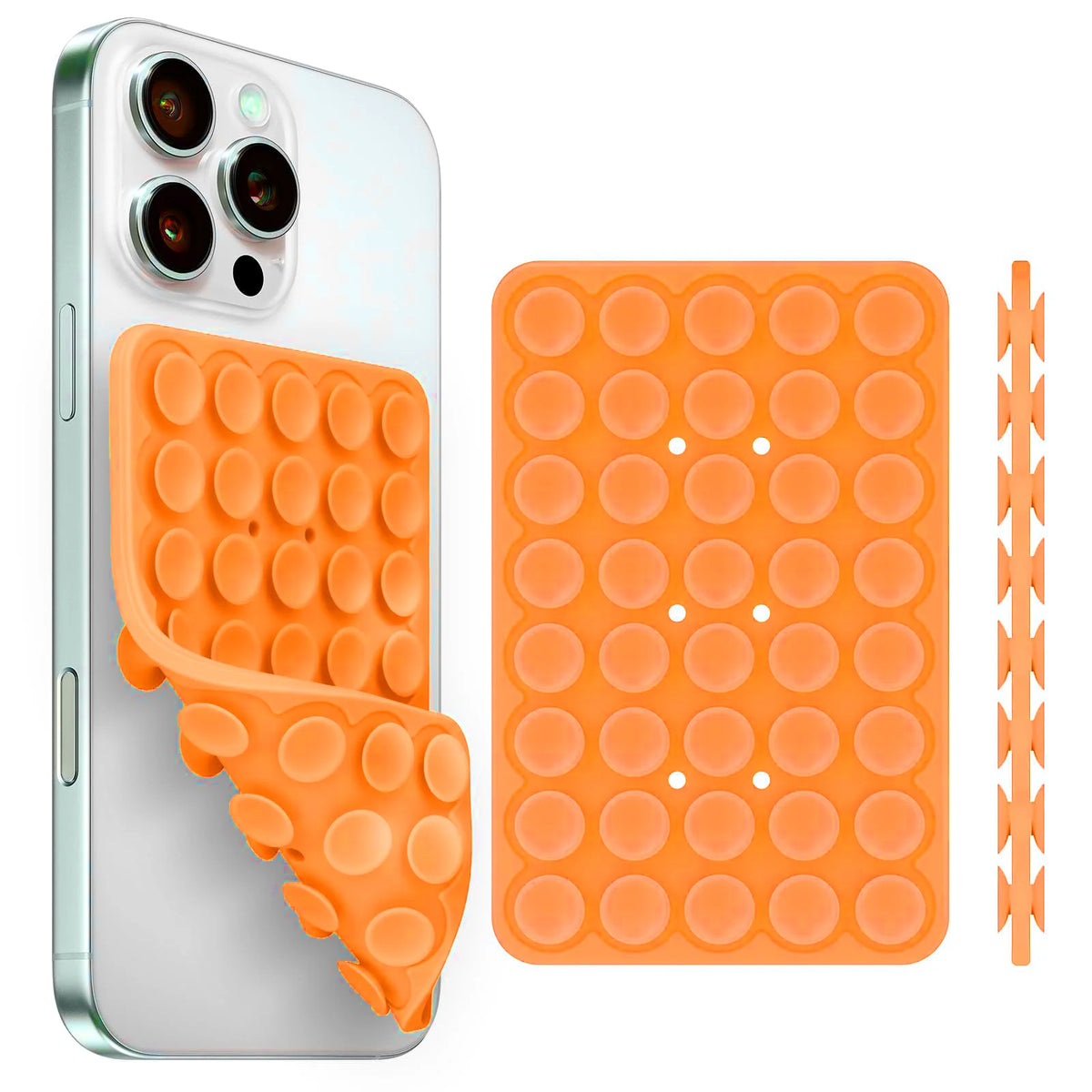 A silicone suction cup phone holder in orange, shown with an attached grip and a flat suction pad.