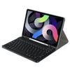 A black leather keyboard case with a detachable Bluetooth keyboard for an iPad is shown.