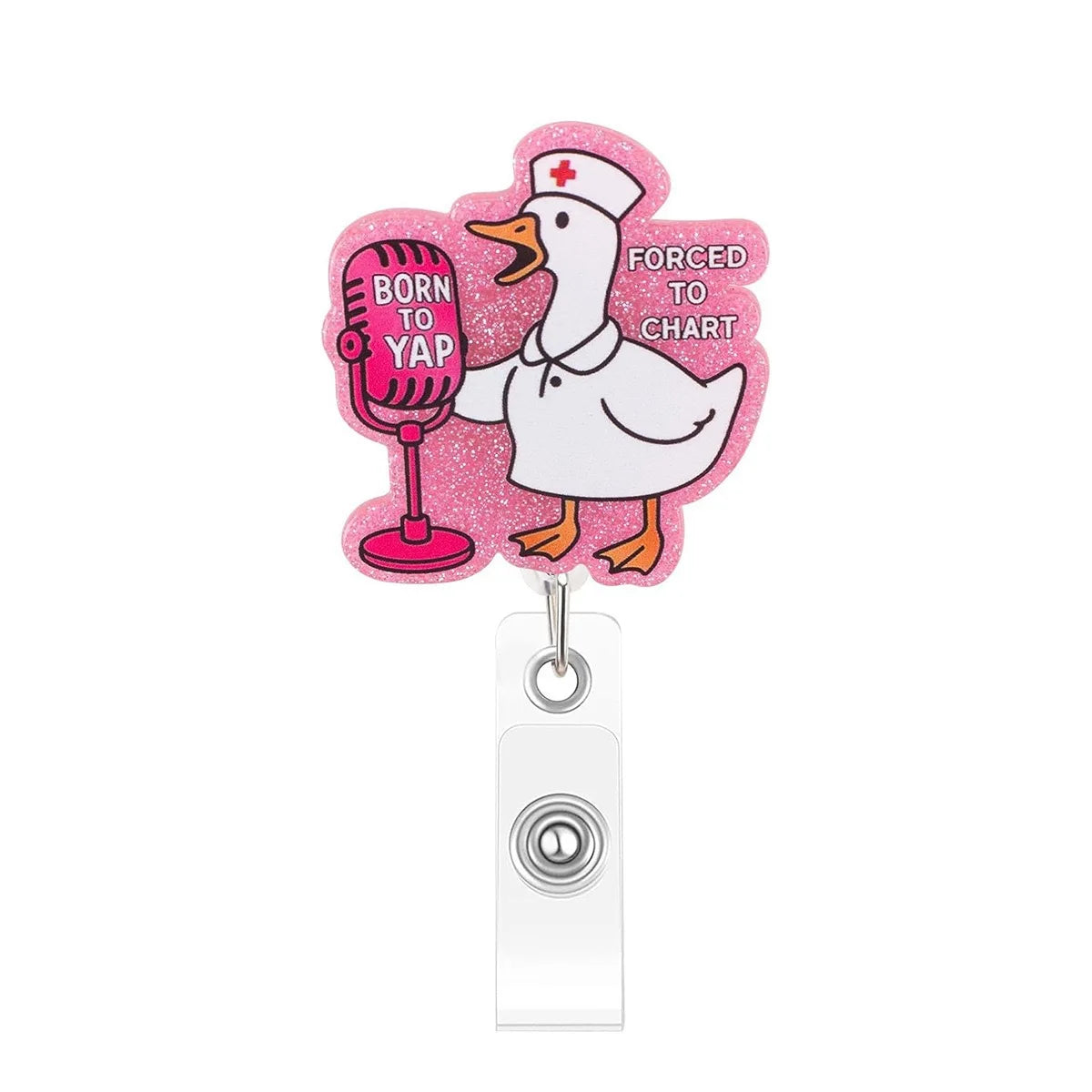 A pink and white badge reel featuring a duck design with the text Forced to Yap.