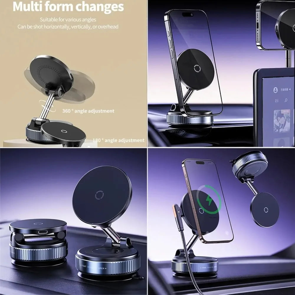 A multi form changes magnetic wireless phone mount used for various angles on a car or desk.