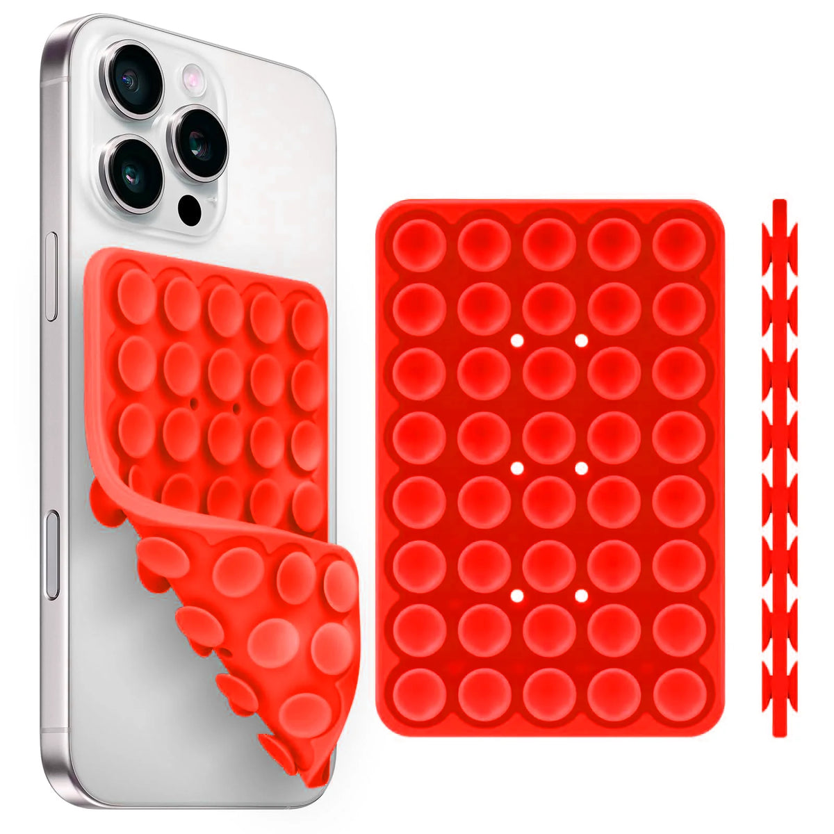 A silver smartphone case with an attached red silicone suction cup phone holder.