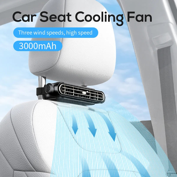 A portable USB rechargeable car seat cooling fan is shown blowing cool air onto a person's neck.