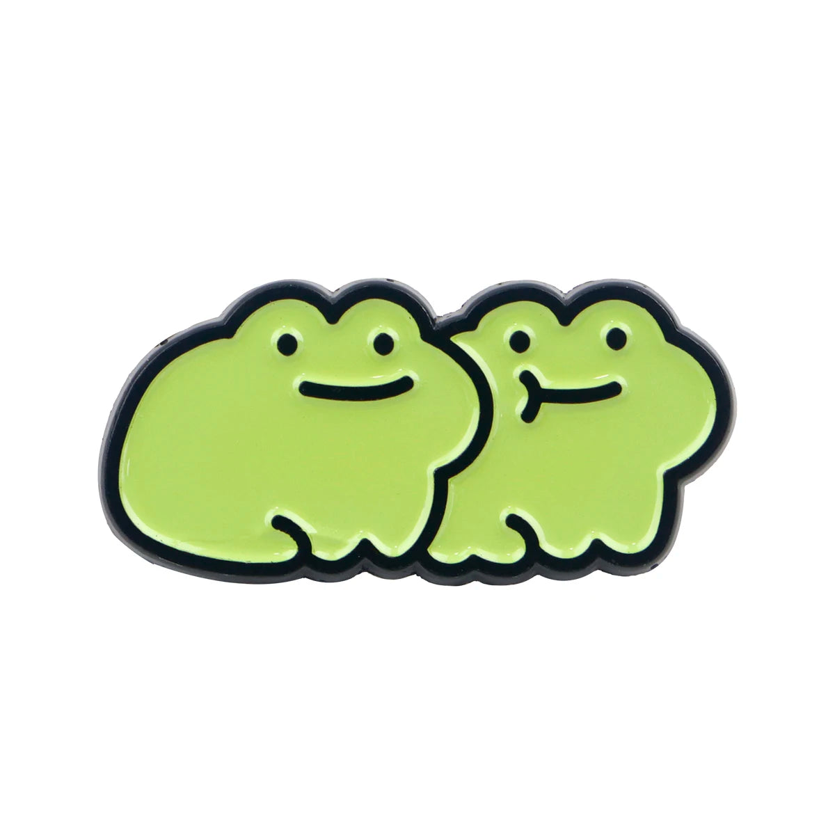A pair of lime green enamel pins shaped like smiling frogs.