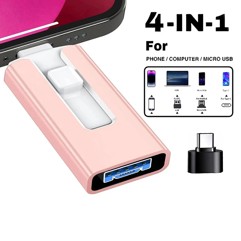 A pink multi-connector adapter featuring Lightning, USB-C, and Micro USB ports for phone, computer, and other devices.