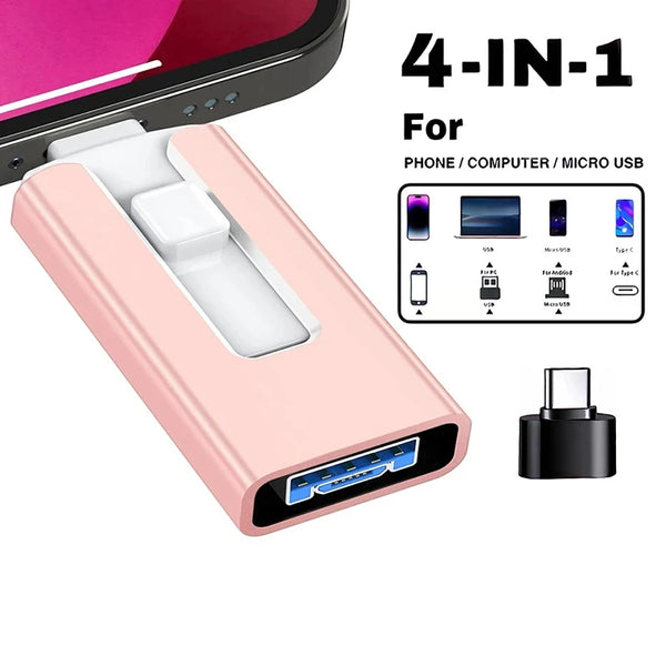 A pink multi-connector adapter featuring Lightning, USB-C, and Micro USB ports for phone, computer, and other devices.