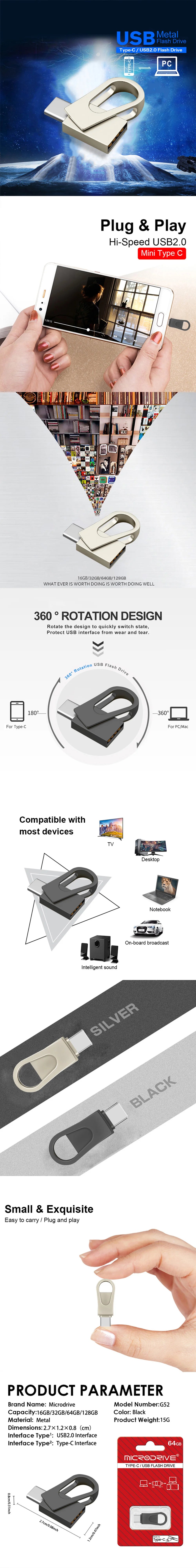 Pendrive portátil de doble interfaz plateado y negro con accesorios y contextos de uso.