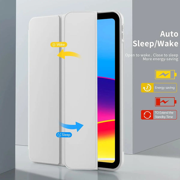 A white magnetic tri-fold stand cover for an iPad, showing options for auto sleep/wake features.