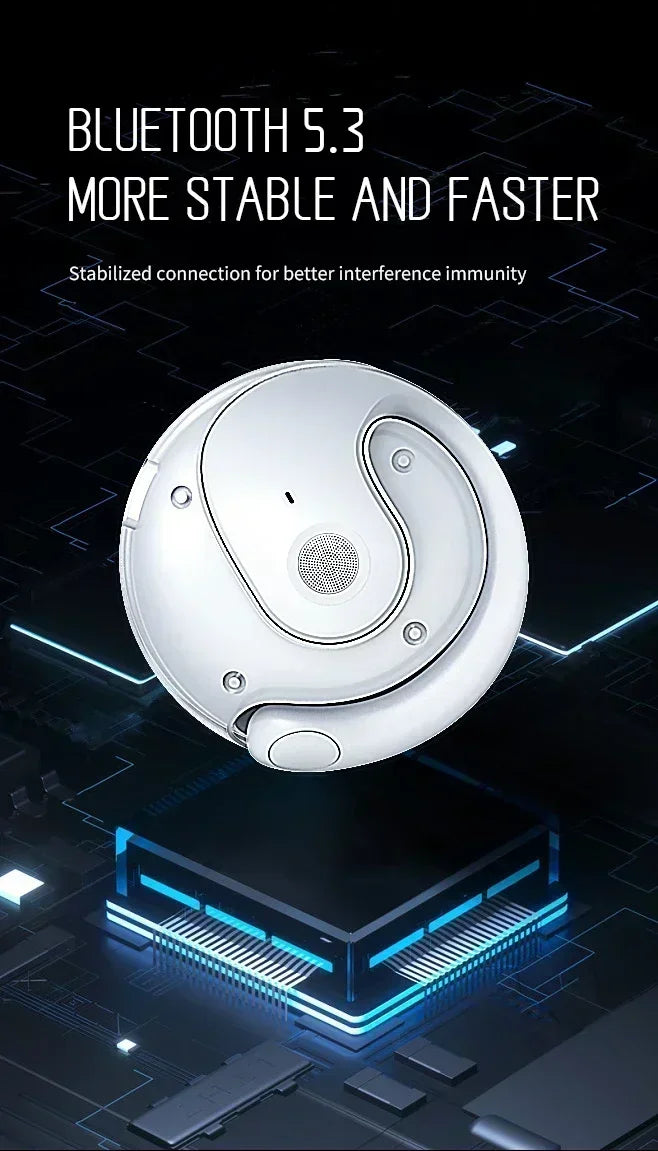 A white wireless Bluetooth earbud is shown floating above a circuit board with blue glowing lines.
