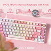 A white mechanical keyboard with pink keycaps and a knob, shown next to a pink wireless mouse.