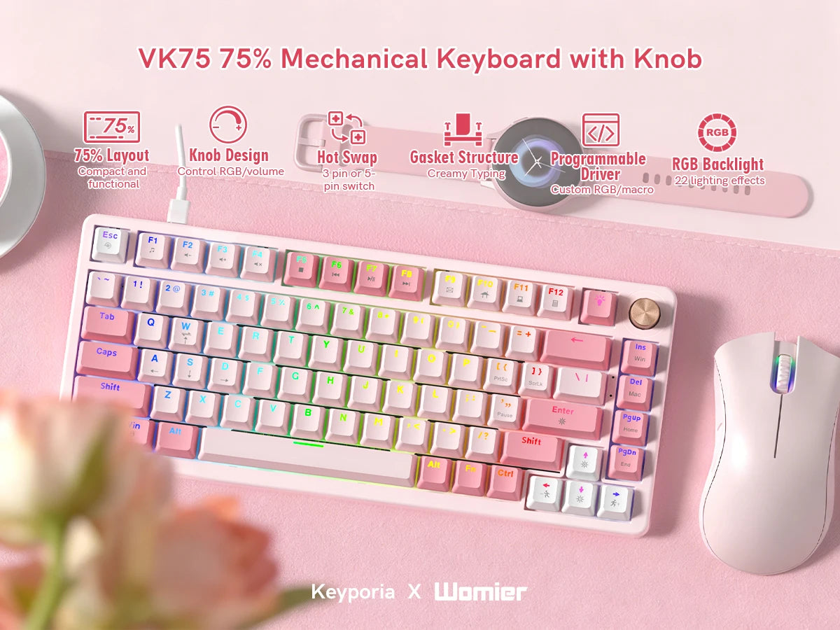A white mechanical keyboard with pink keycaps and a knob, shown next to a pink wireless mouse.