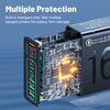 A close-up view of a multi-port charging adapter showing various ports and an internal circuit board for battery protection.