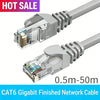 A silver CAT6 Gigabit finished network cable with connectors shown in a close-up view.