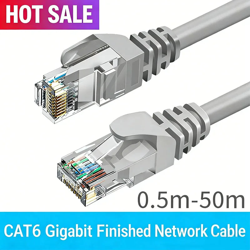 A silver CAT6 Gigabit finished network cable with connectors shown in a close-up view.
