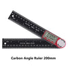 A black carbon angle ruler measuring 200mm with a digital display and markings for angles.