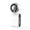 A white portable USB rechargeable mini handheld fan with a circular grille and digital display.