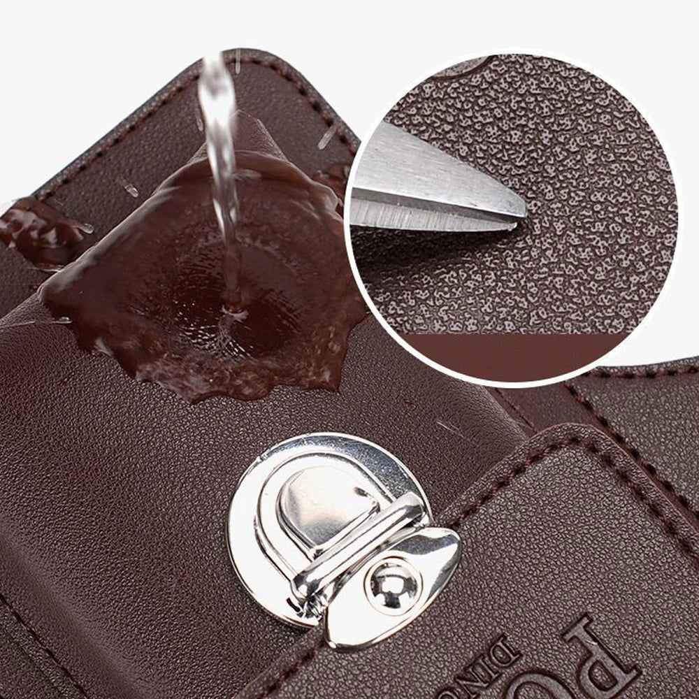 A close-up of a brown leather waist bag showing a dripping substance and a silver clasp.