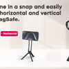 A magnetic phone tripod stand with a carabiner is shown in vertical and horizontal modes.